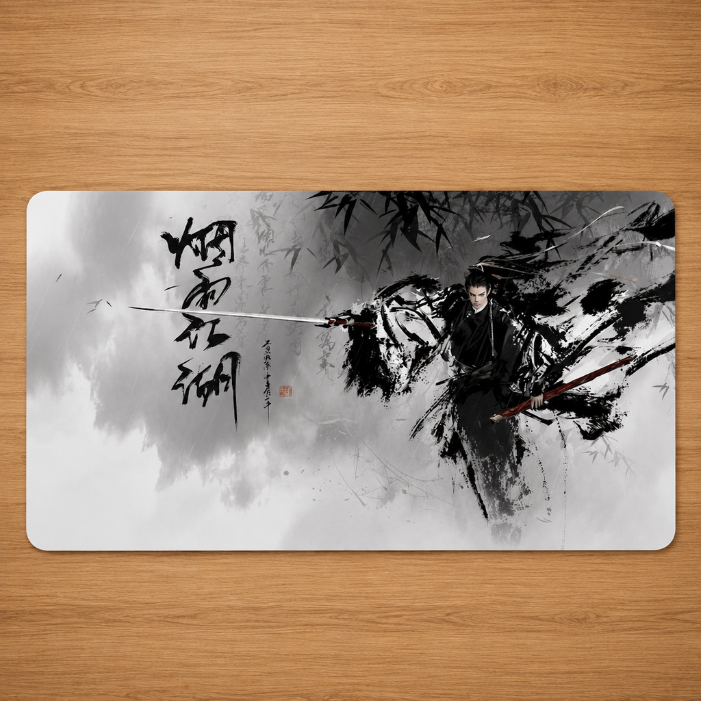 Placemat with a black and white illustration of a warrior and calligraphy on a wooden surface