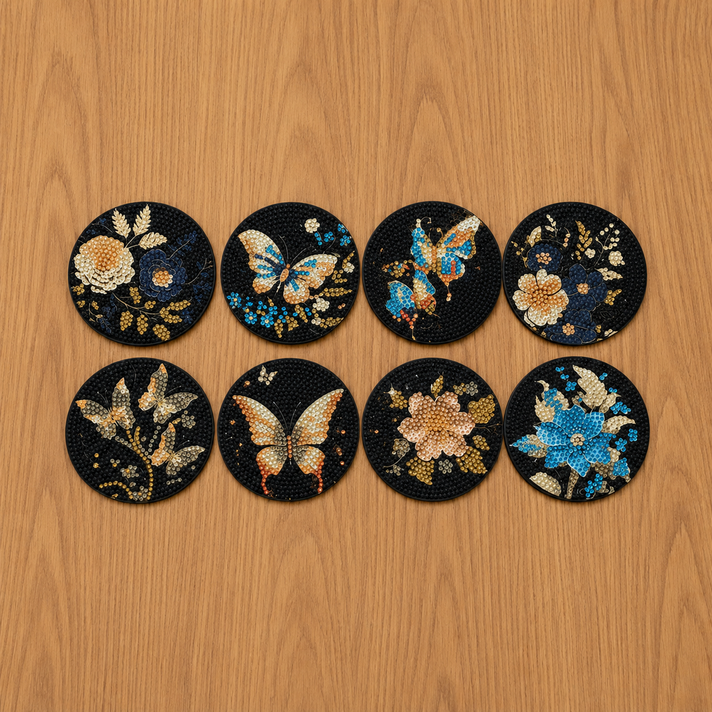 Set of eight decorative coasters with floral and butterfly designs on a wooden surface.
