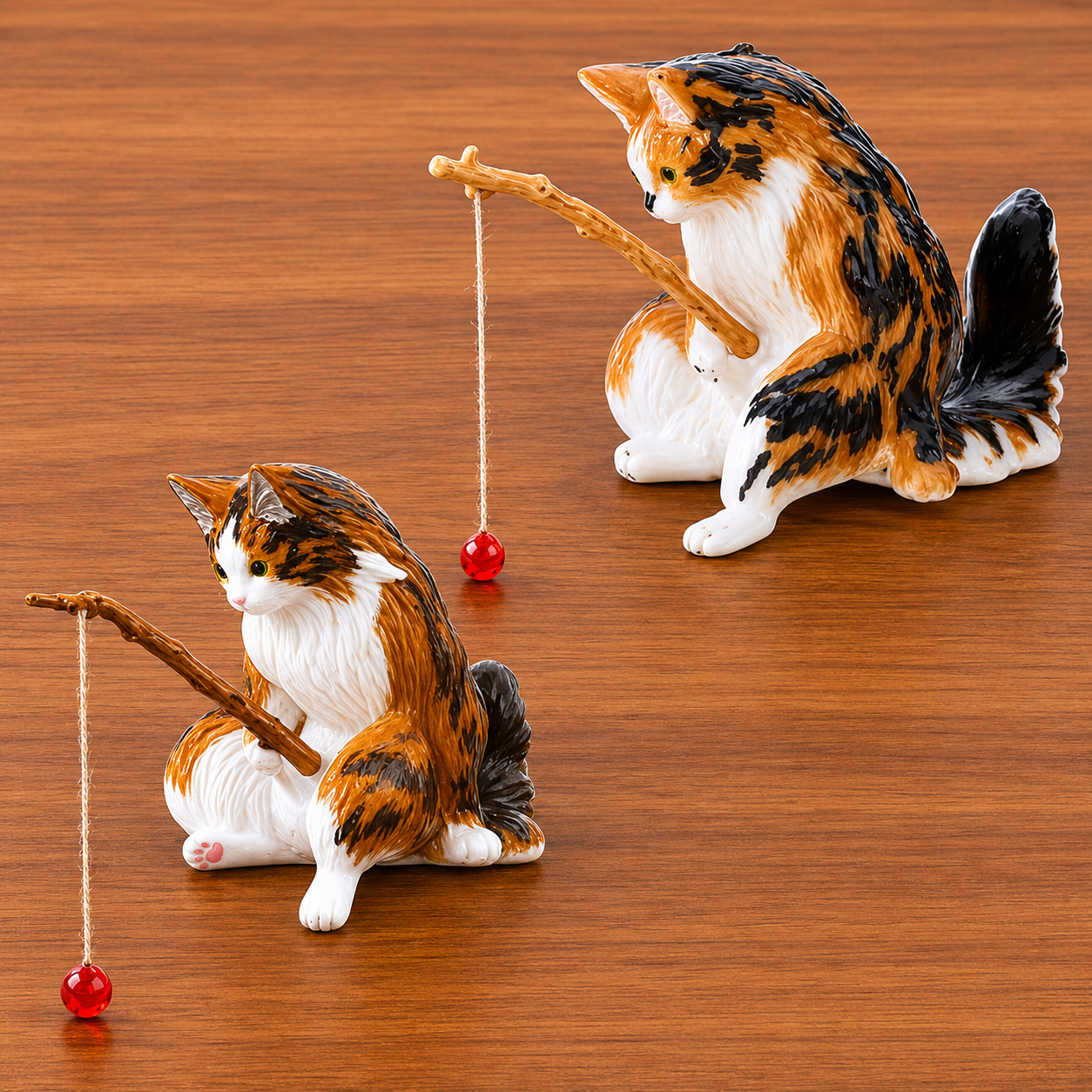 Two ceramic cat figurines with fishing rods on a wooden surface