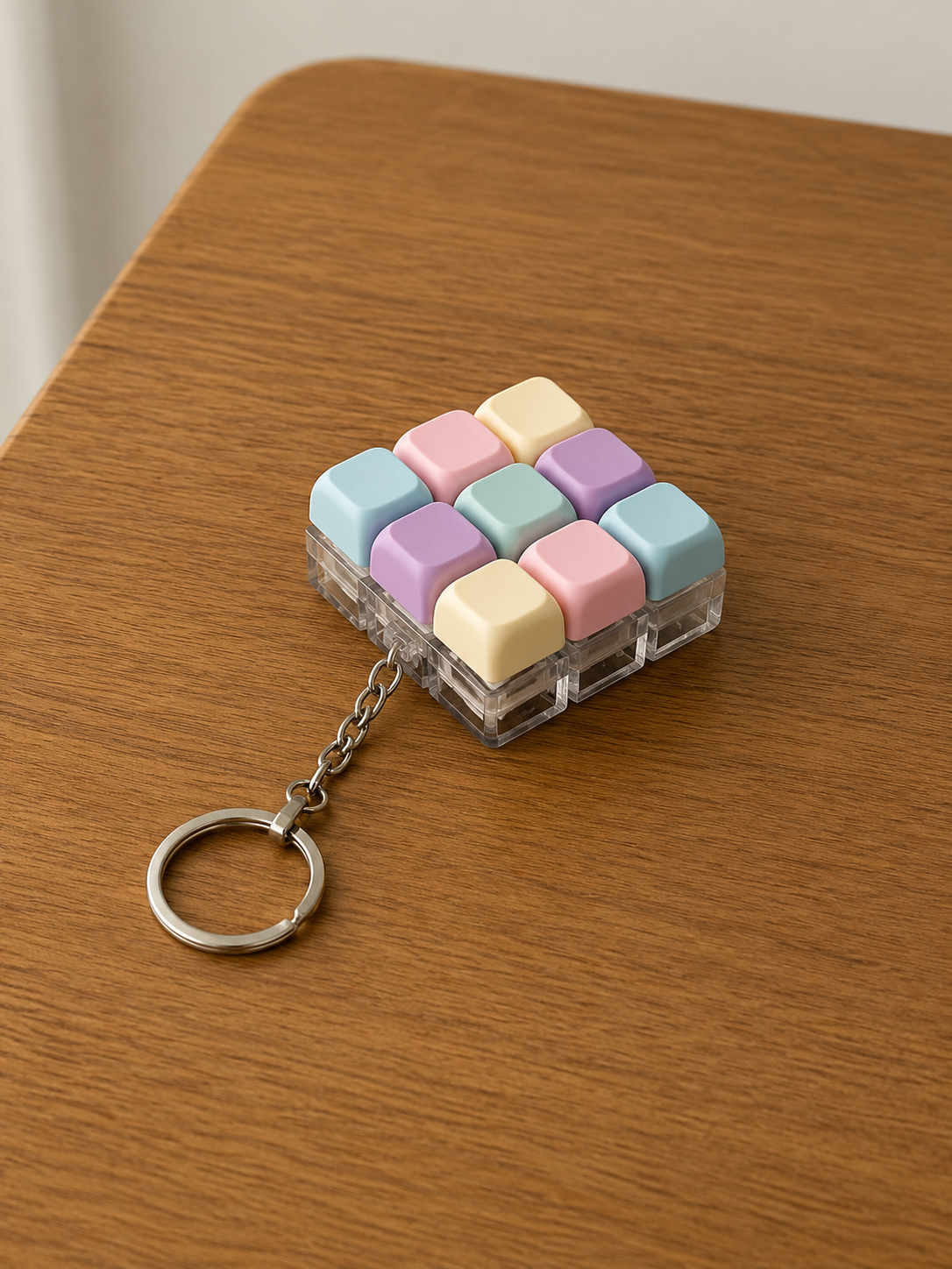 9pcs colourful clicky keys Keychain on a wooden surface