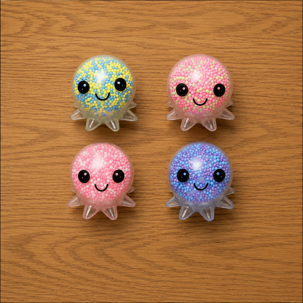 Four colorful octopus-shaped squishy toy with smiling faces on a wooden surface