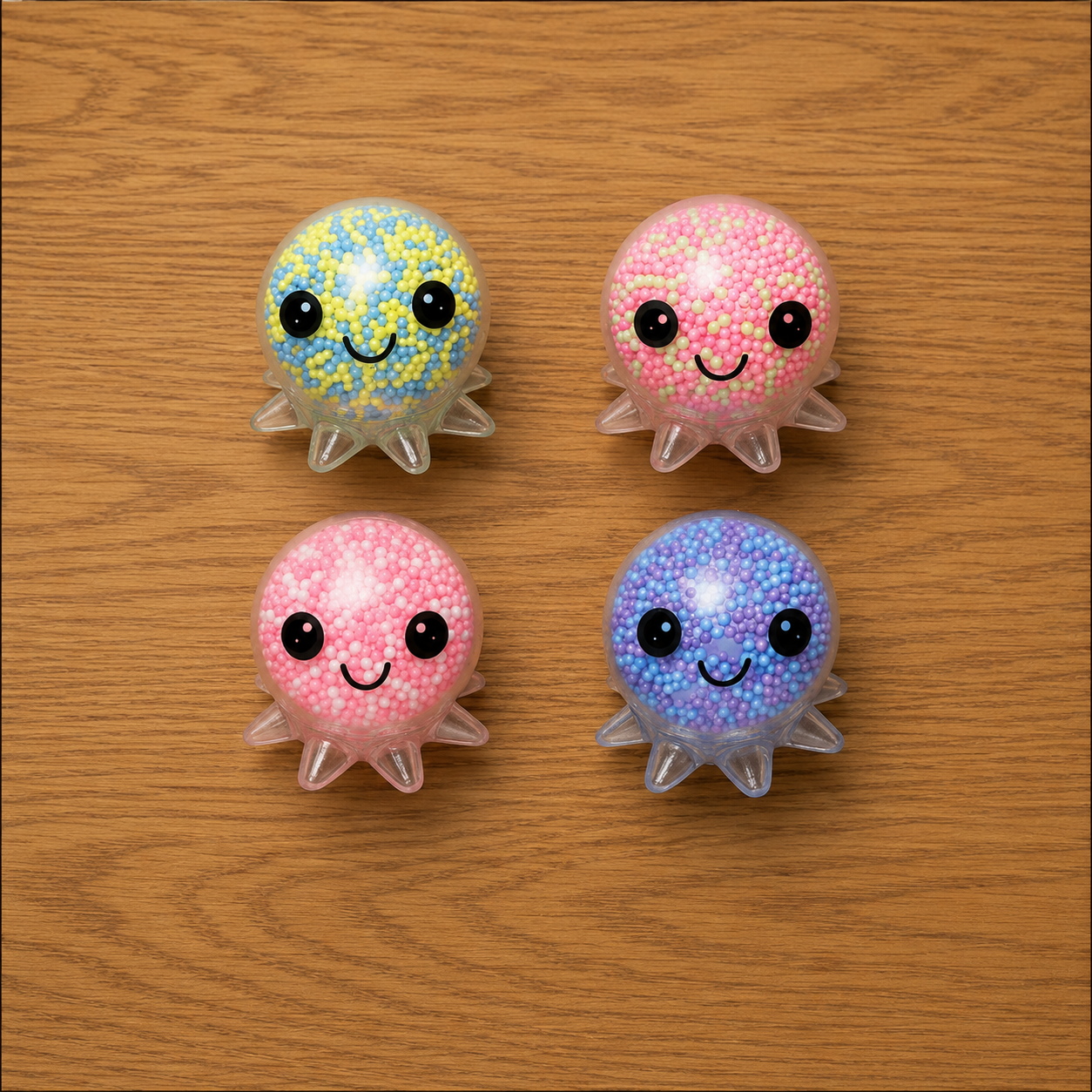 Four colorful octopus-shaped squishy toy with smiling faces on a wooden surface