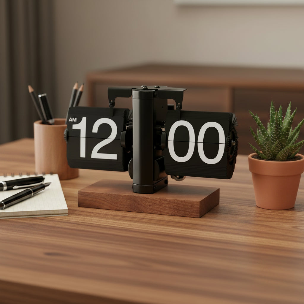 Flip clock on a wooden desk with a plant and stationery items in the background