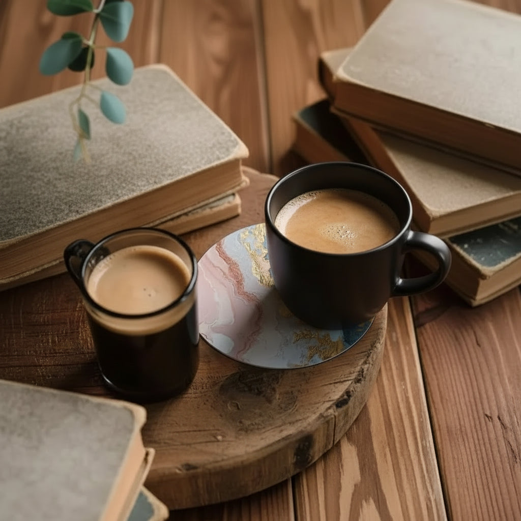 Marble-patterned coaster on a wooden surface with a plant in the background