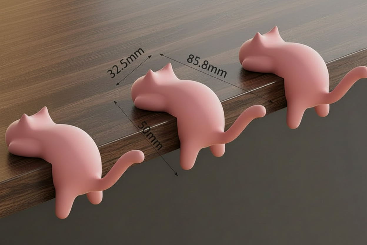 Cat-shaped table side hook with measurements on a desk next to a laptop.