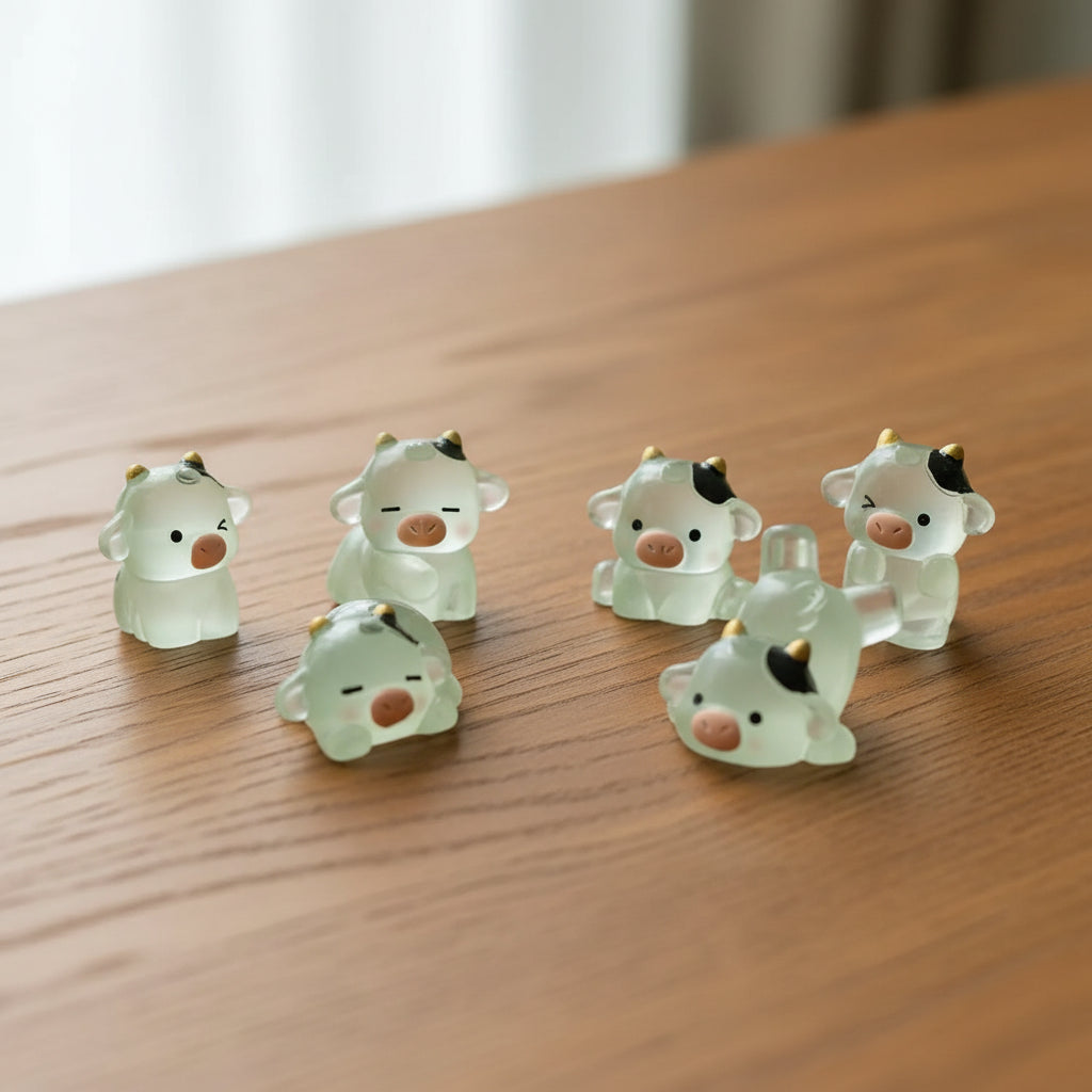 Small cow-shaped decorations on awood desk