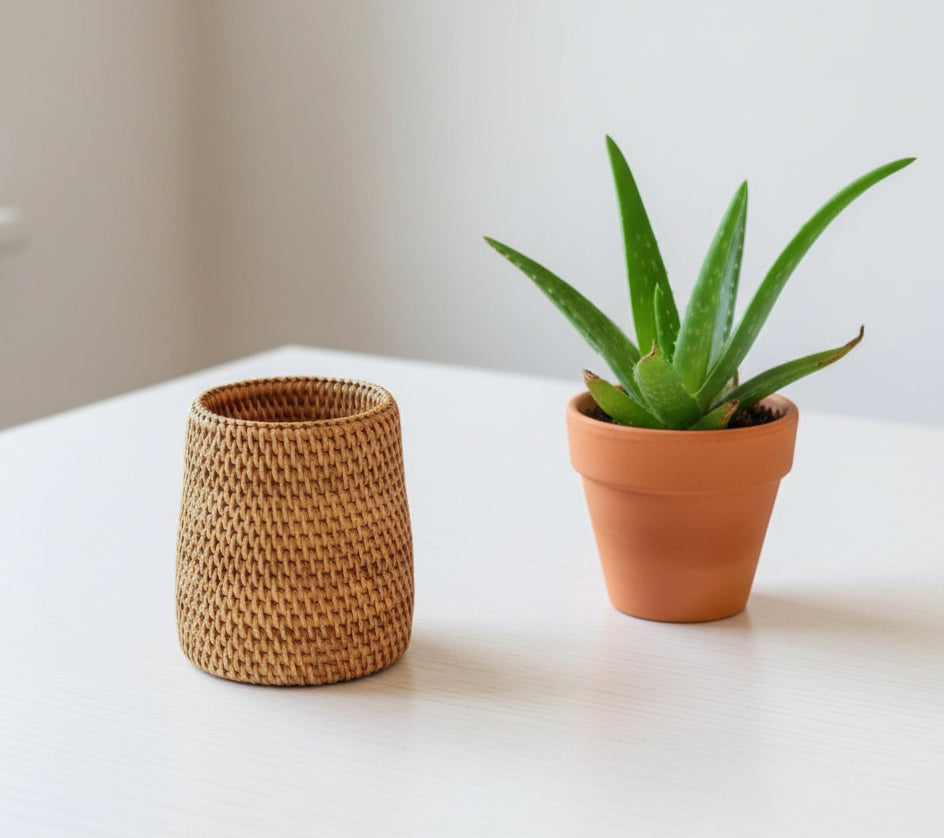 Woven basket on a wooden surface