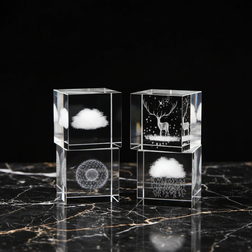 Two crystal blocks with engraved designs of a cloud, deer, and dandelion on a dark surface.