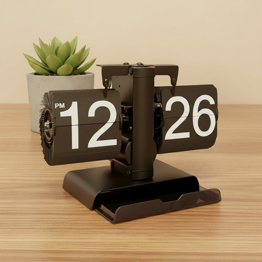 Flip clock with white numbers on a wooden surface with a plant in the background