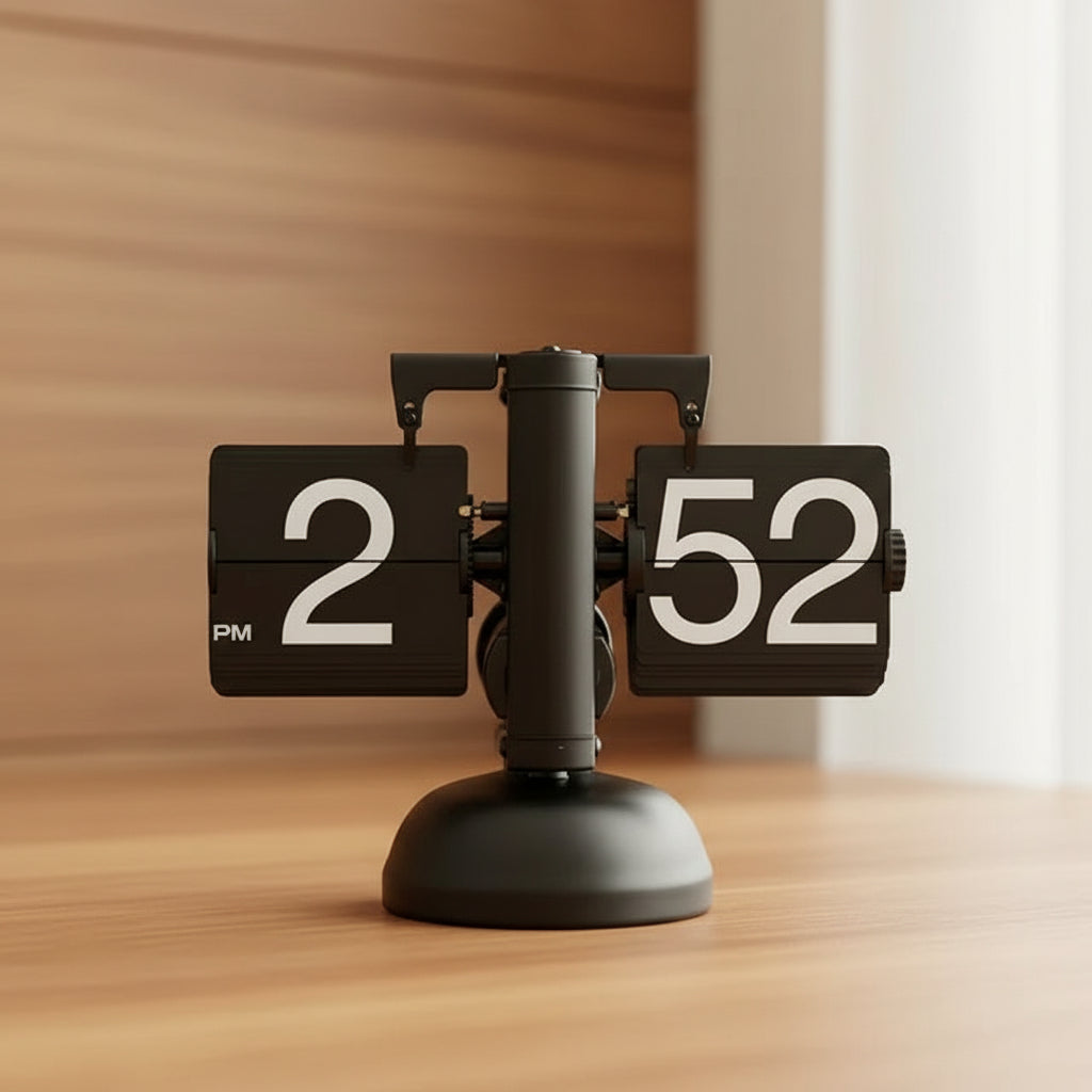 black flip clock with white numbers on a desk
