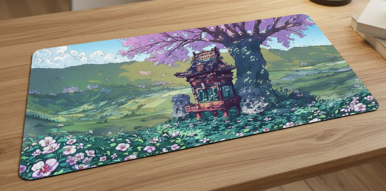 Desk setup with a large scenic mouse pad