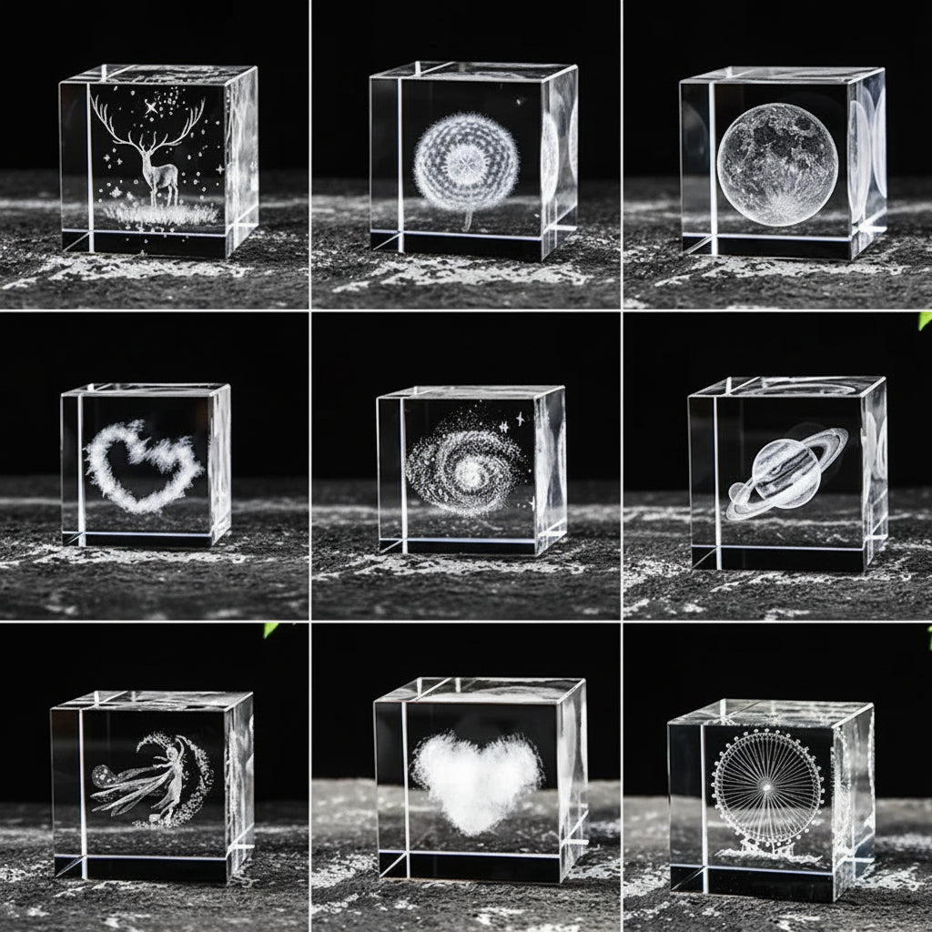 Collection of 3D laser-engraved crystal blocks with various designs on a black background.