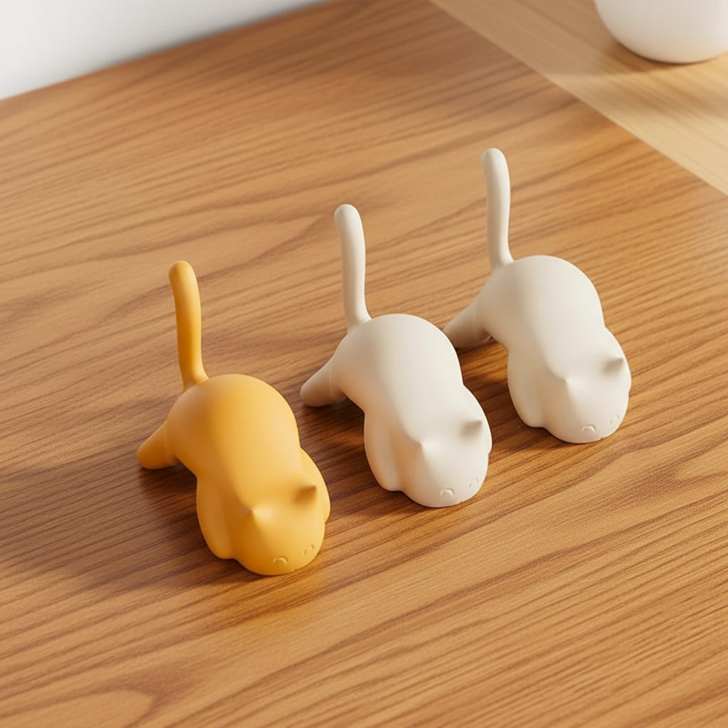 Dog-shaped hooks in yellow and white on a desk with office items.