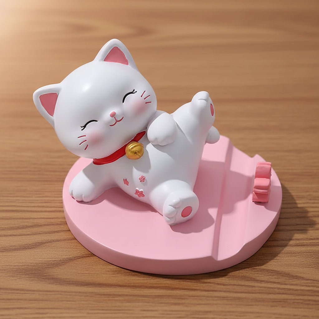 White cat phone stand with pink accents on a pink base, sitting on a light surface.