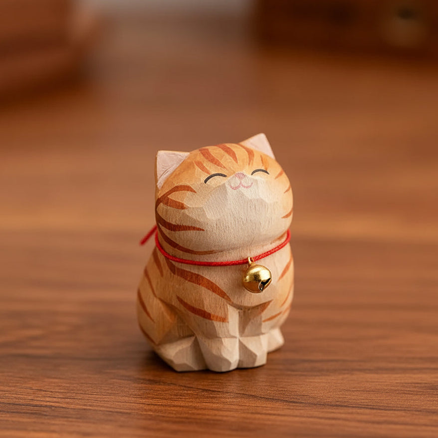 Wooden cat figurine with a red string and gold bell on a wooden surface