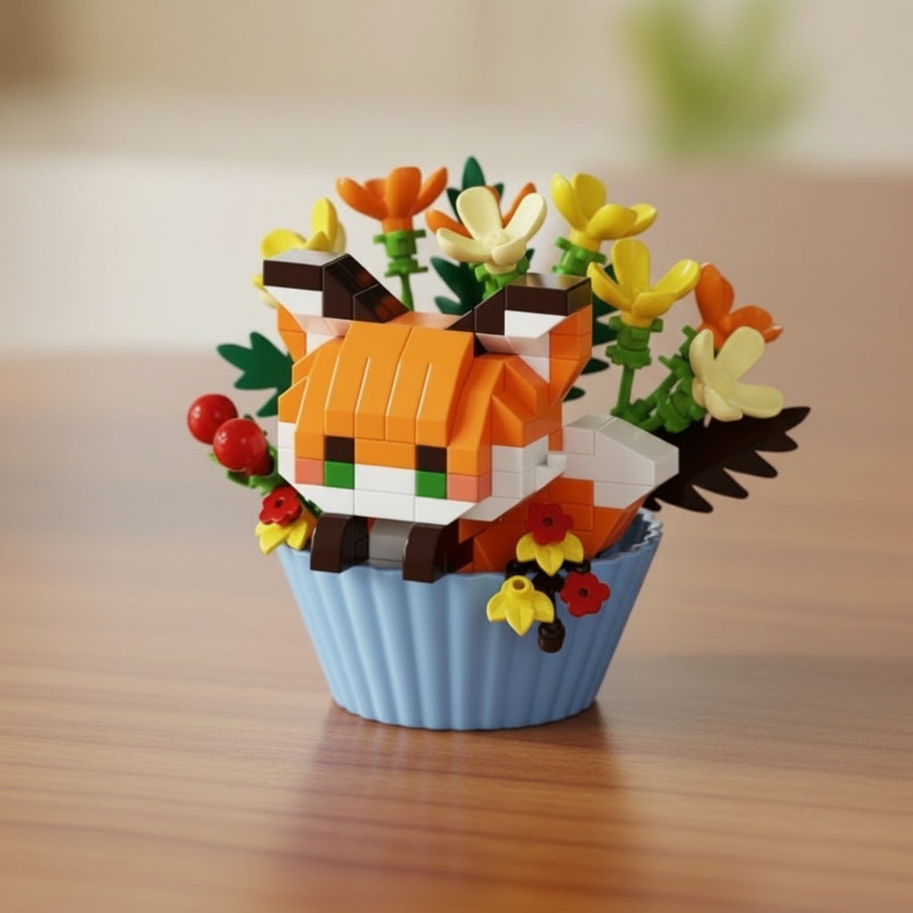 Toy fox figure with flowers in a cupcake holder on a blurred background