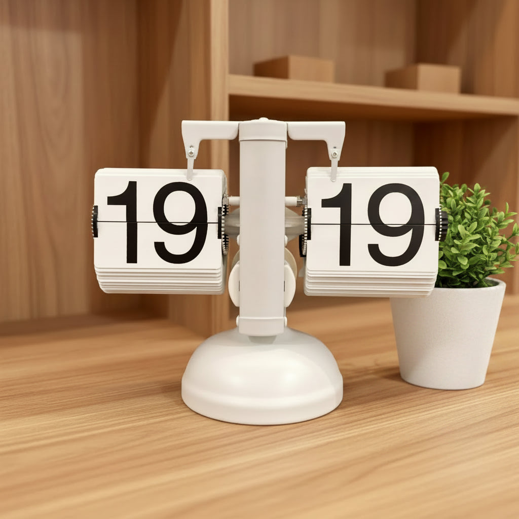 White flip clock with black numbers on a gray surface