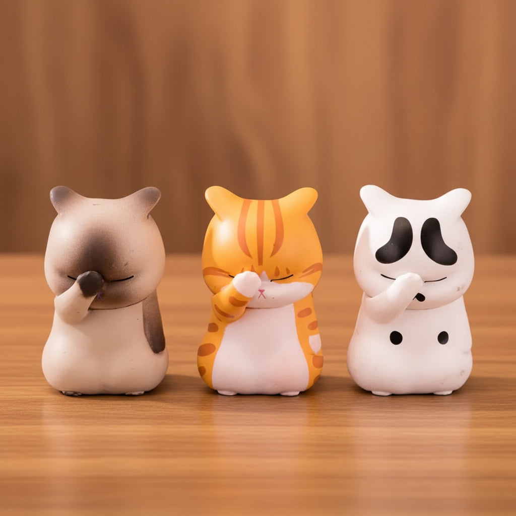 Three cat-shaped squishies in different colors on a beige background