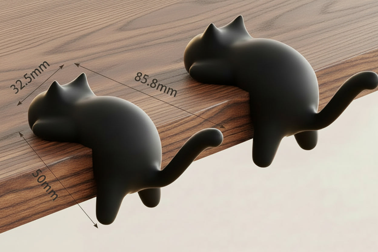 Two black cat-shaped table side hooks on a wooden surface with measurements and product details.