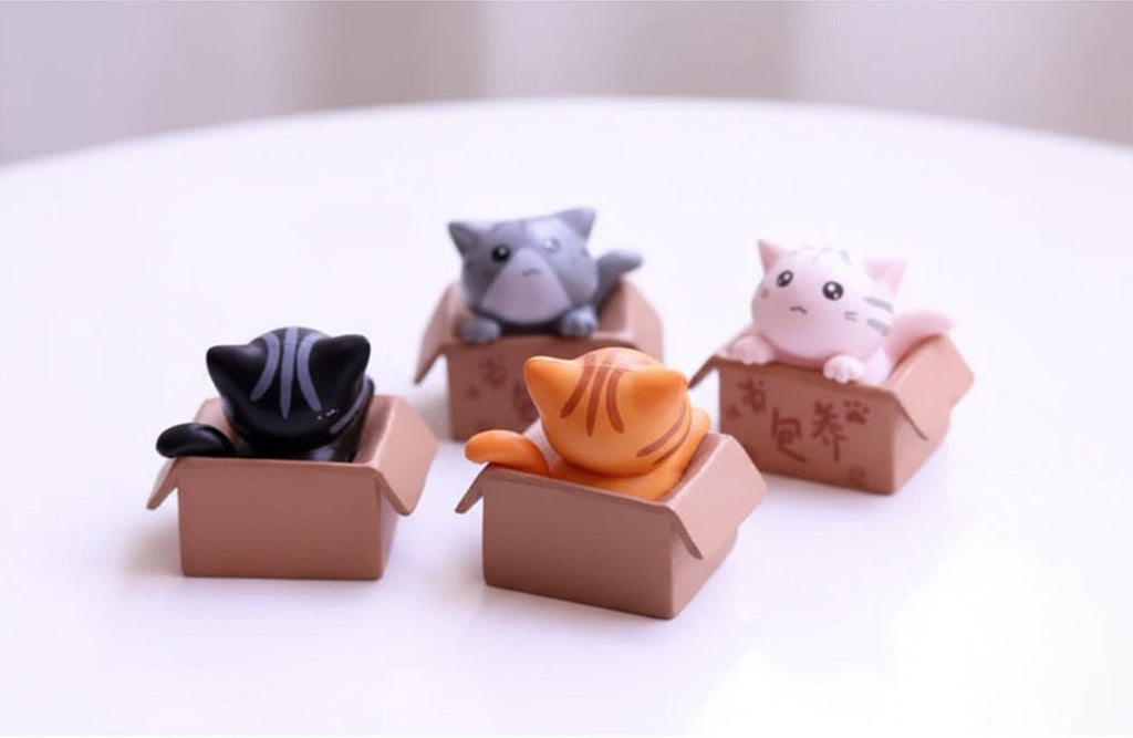 Four cute cat figurines of assorted colours in decorative cardboard boxes on a white surface