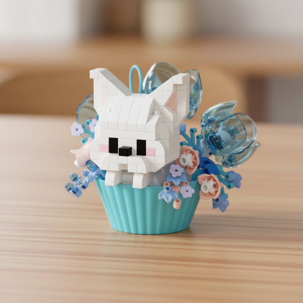Toy figure of a white dog in a blue cup with flowers on a light surface.