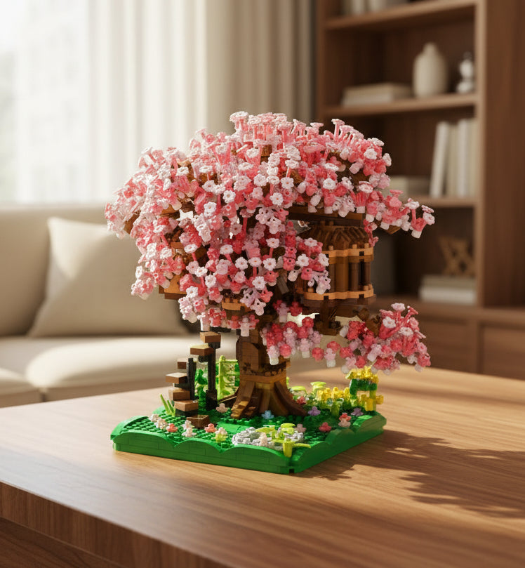 Cherry blossom tree house model with pink flowers on a wooden surface.