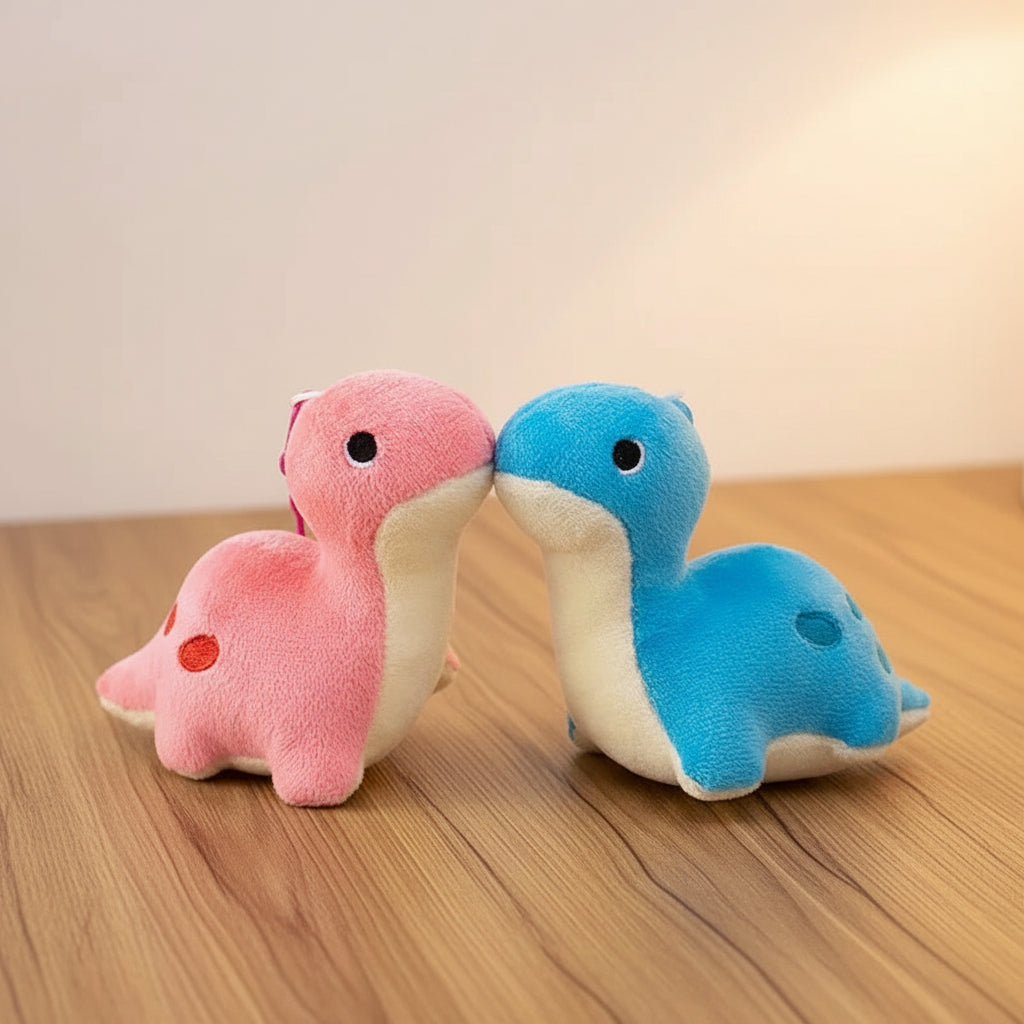 Two plush toy lizards, one pink and one blue, on a light background