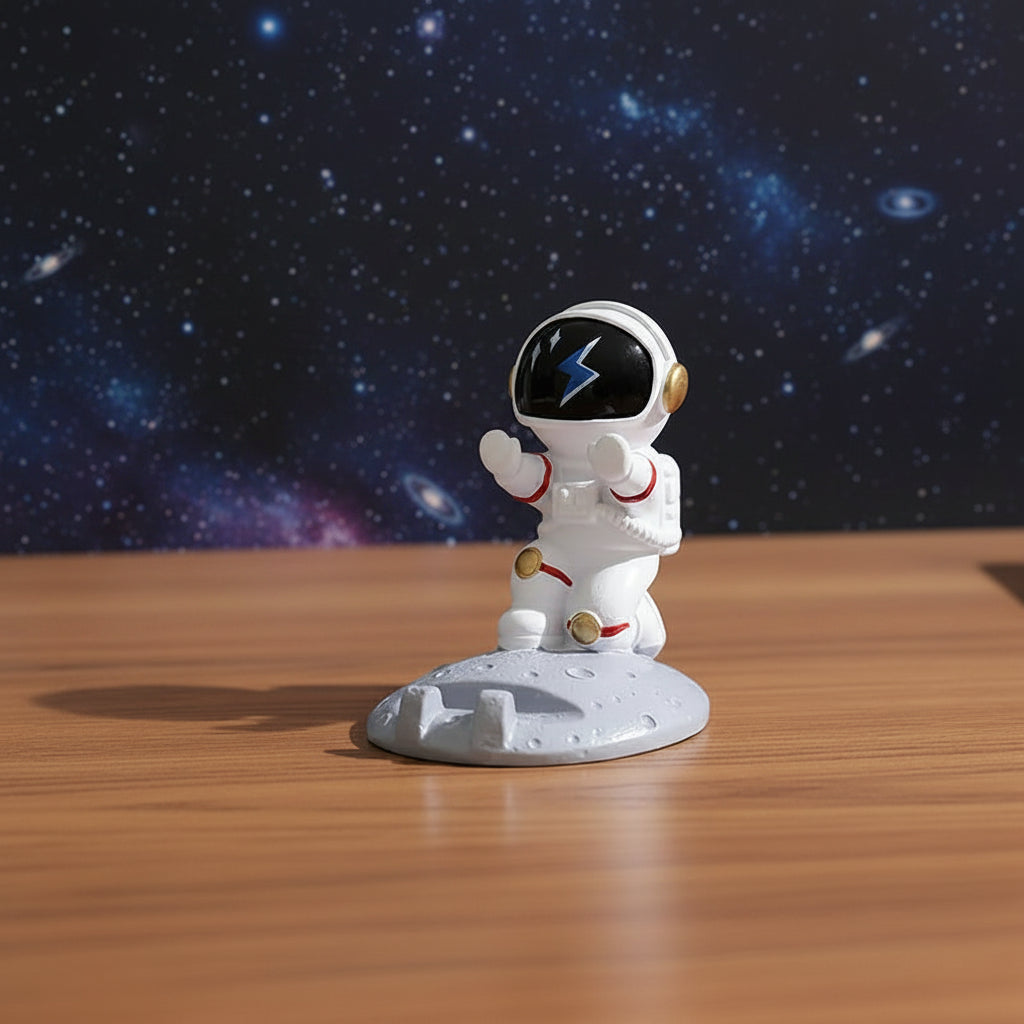 Small astronaut phone stand on a wooden surface