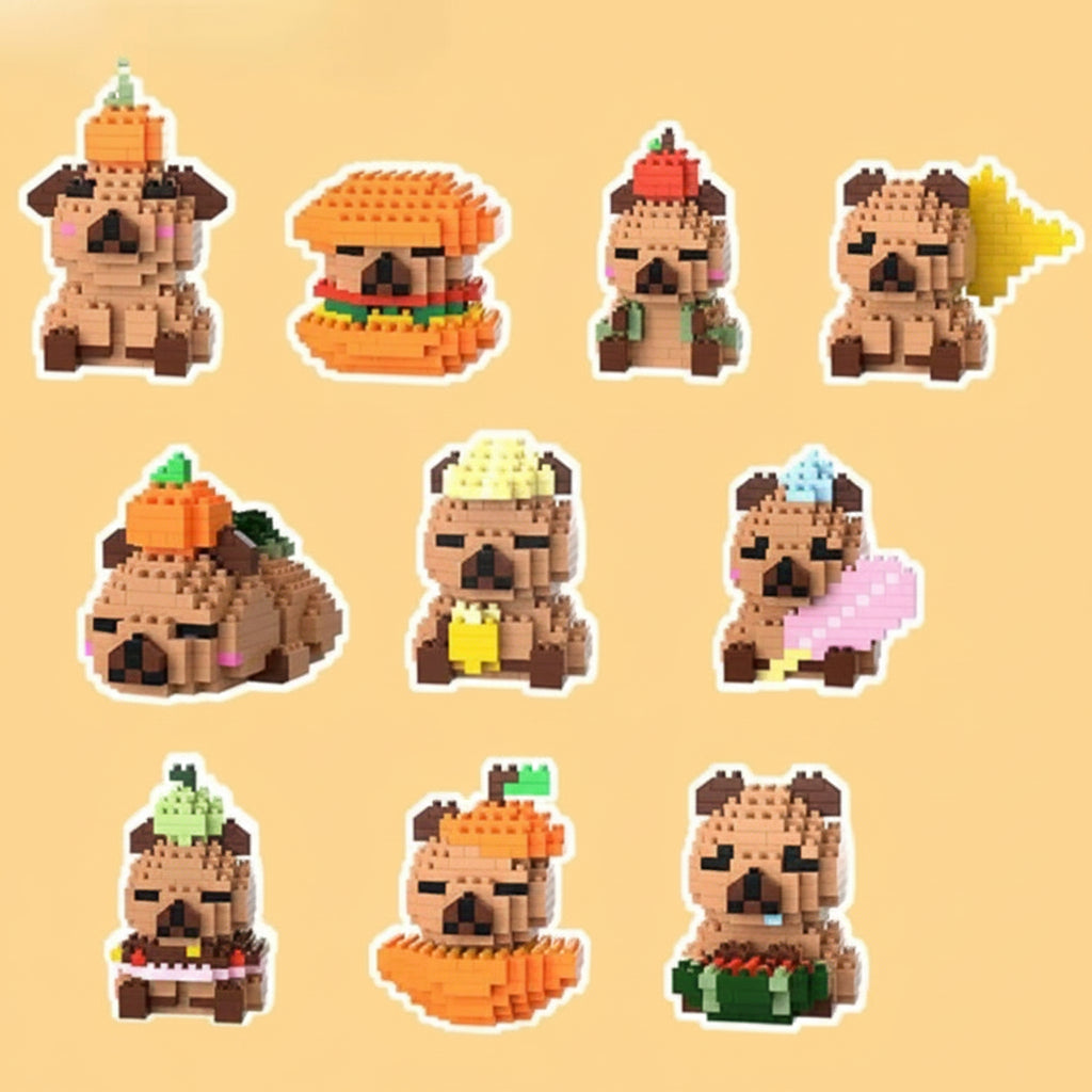 Collection of small, brick-built figures on a beige background