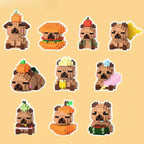 Collection of small, brick-built figures on a beige background