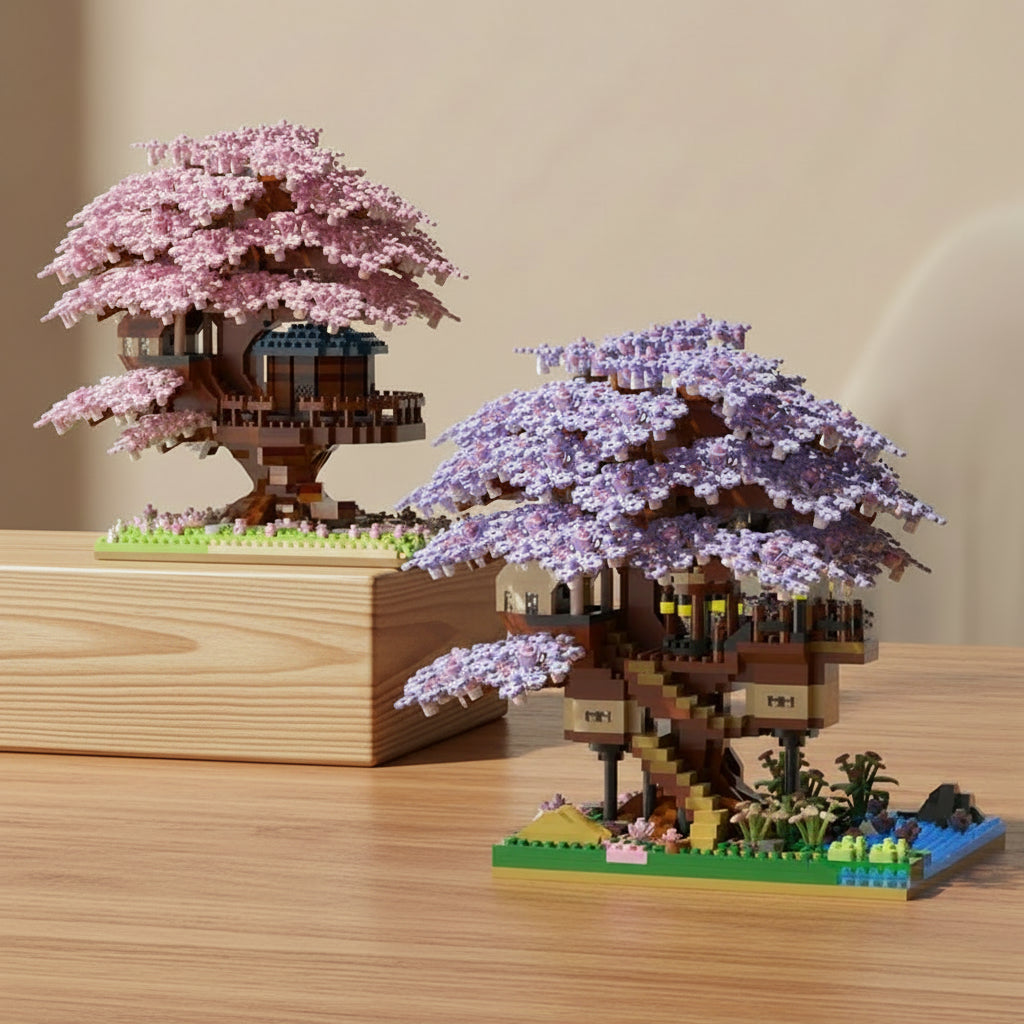 Two mini brick models of cherry blossom trees with houses on a white surface.
