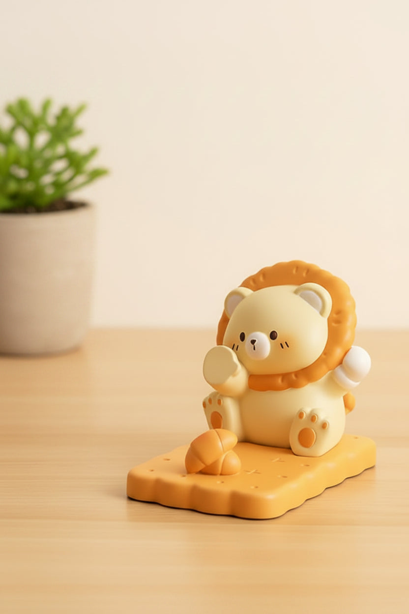 Cute lion phone stand with packaging on a wooden surface