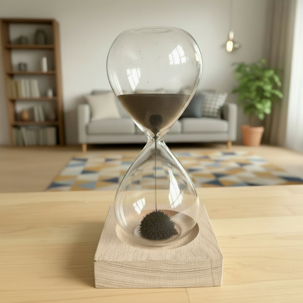 Hourglass with black magnetic sand on a magnetic wooden base in a living room setting