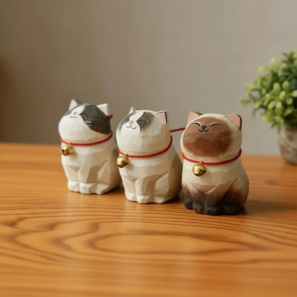 Three cat-shaped incense burners with red strings and gold bells on a wooden surface.