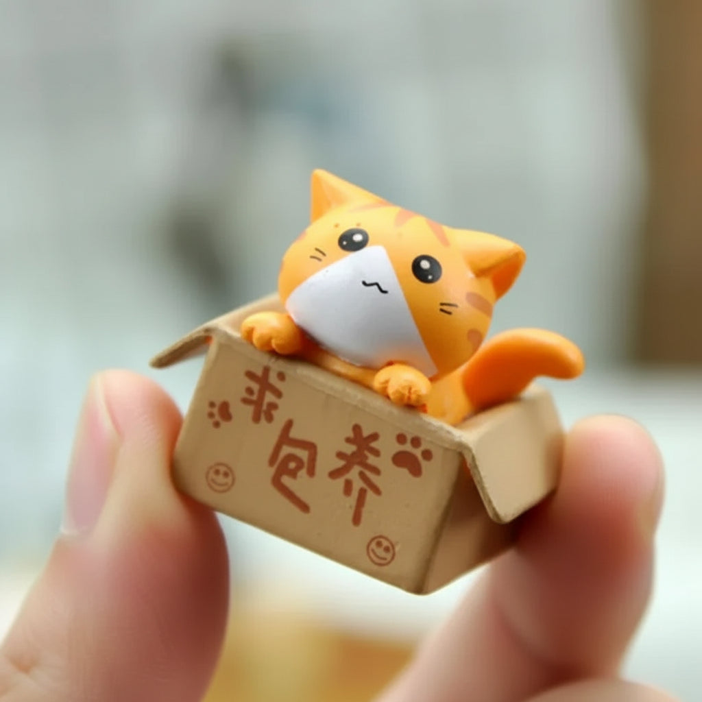 Small cute orange cat figurine sitting on a decorative cardboard box held by a hand.
