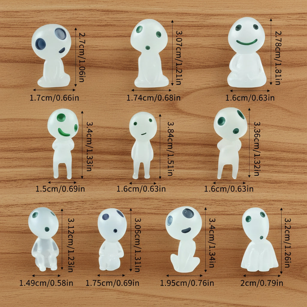 Set of small white figures with different sizes and measurements on a white background