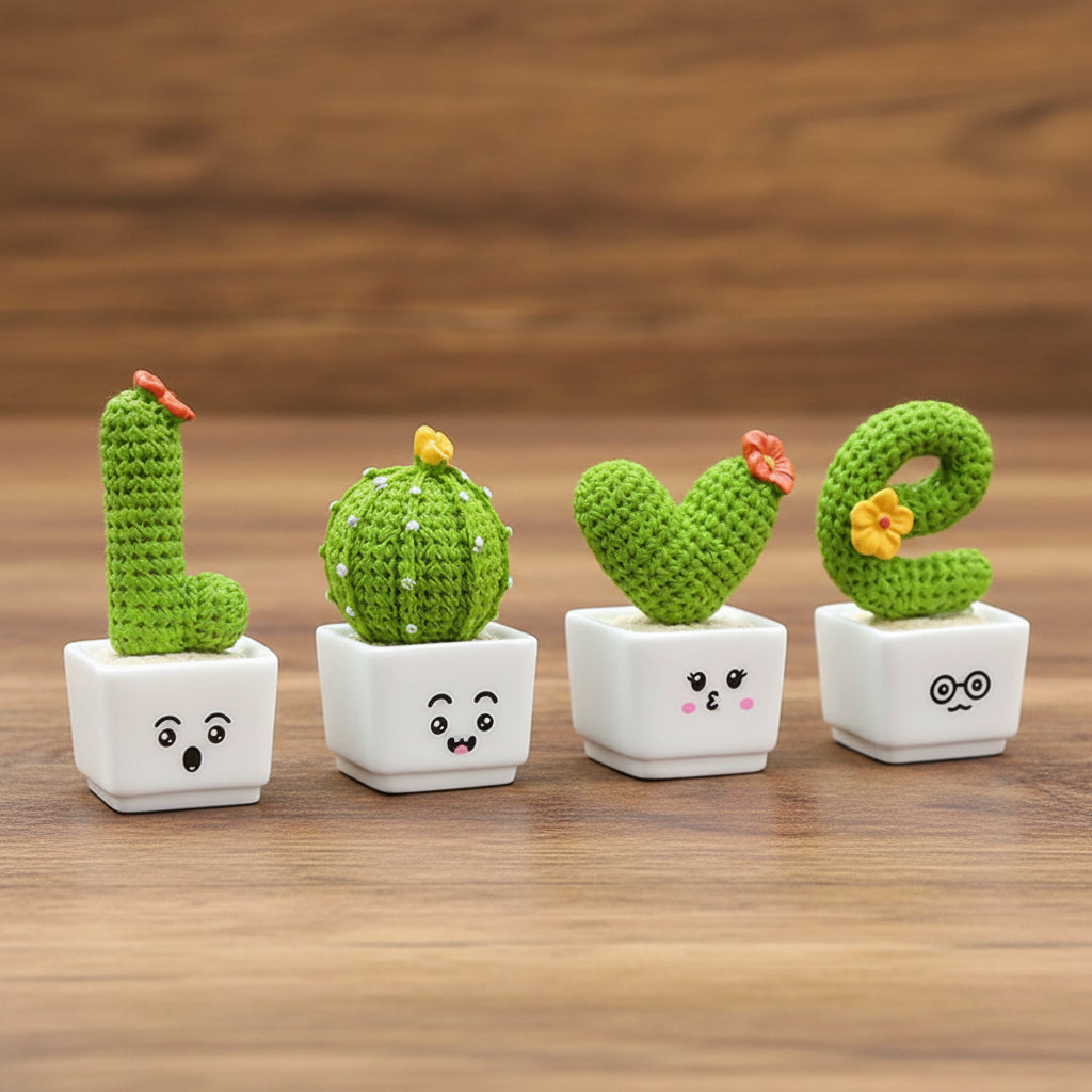 Four small cactus figures, that spell out "Love", on top of white pots, with a wooden desk background