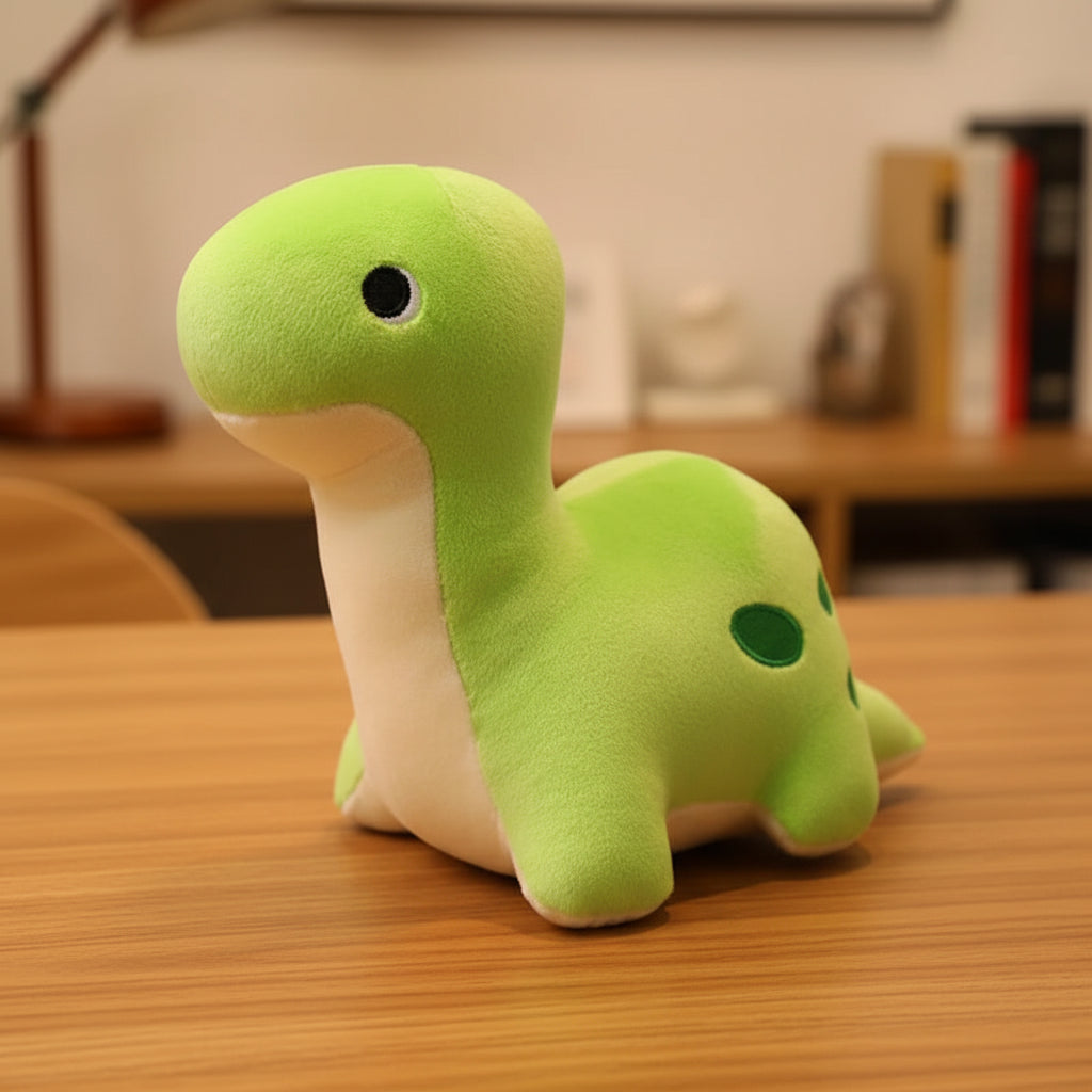 Green dinosaur plush toy on a white background