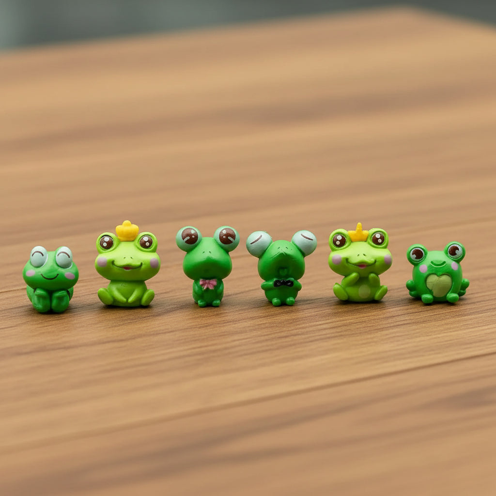 Six green frog figurines with various accessories on awood desk