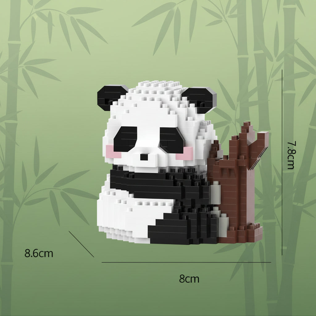 Panda-shaped building block set with measurements on a green background