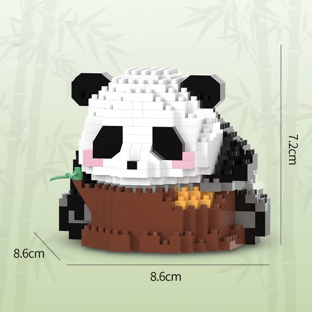 Panda-shaped building block set with measurements on a white background