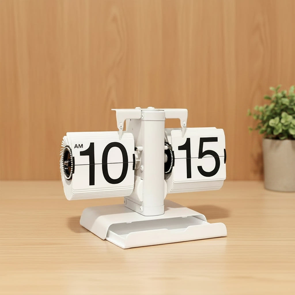 White mechanical desk flip clock with black numbers on a white base