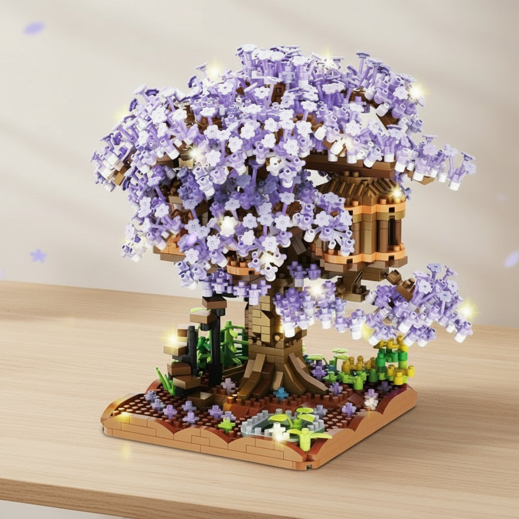 mini brick purple treehouse model with flowers on a wooden floor.