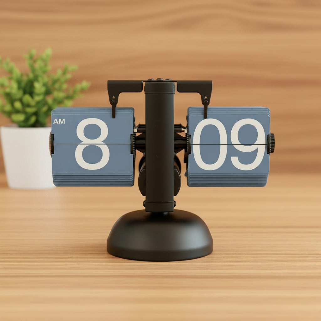 Hand holding a flip clock with blue cards showing '08' and '09'.