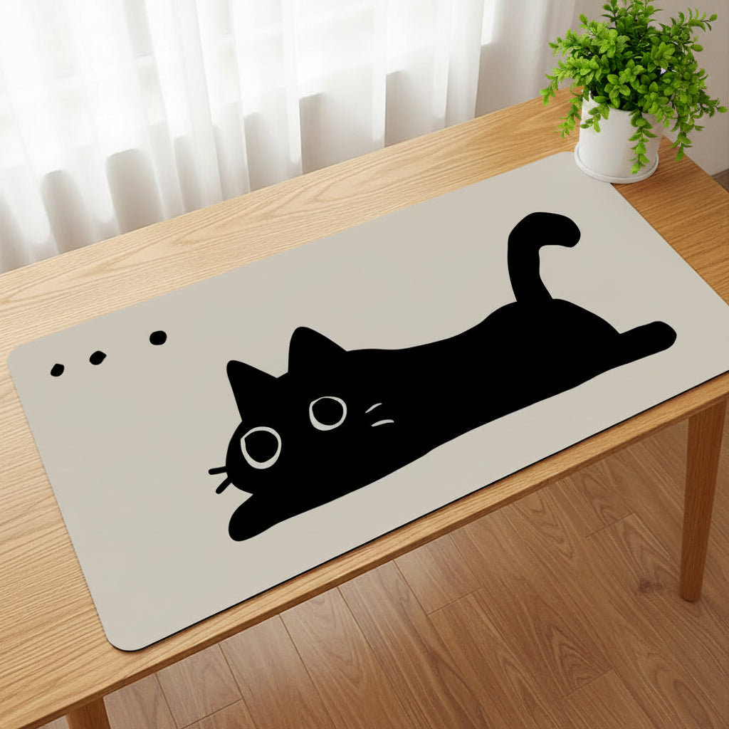 Gray placemat with black cat design on a wooden table