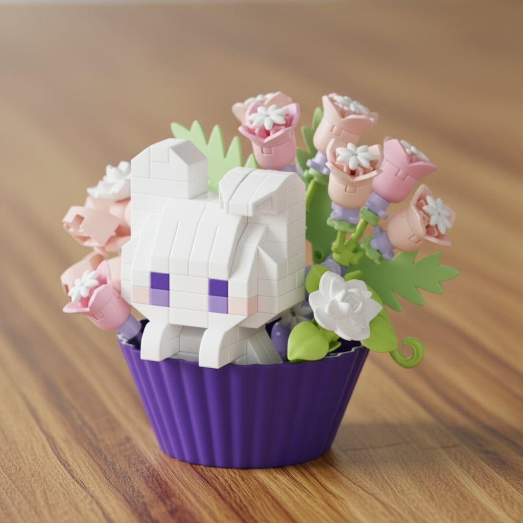 Colorful cat-shaped cupcake with flowers on a table