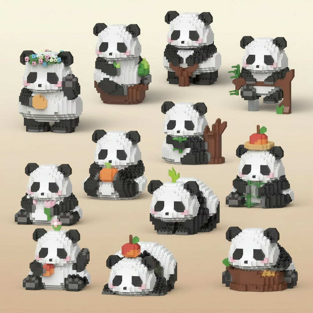Set of panda-themed building block figures on a white background