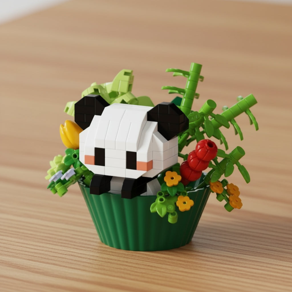 Panda-shaped toy in a pot with plants and flowers on a blurred background