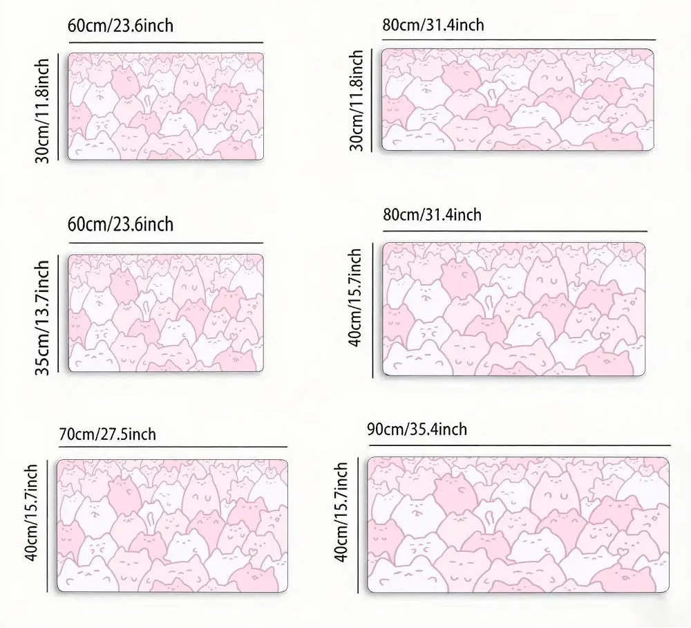 Measurement chart of pink and white cat patterned mats with dimensions in centimeters and inches.