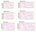 Measurement chart of pink and white cat patterned mats with dimensions in centimeters and inches.